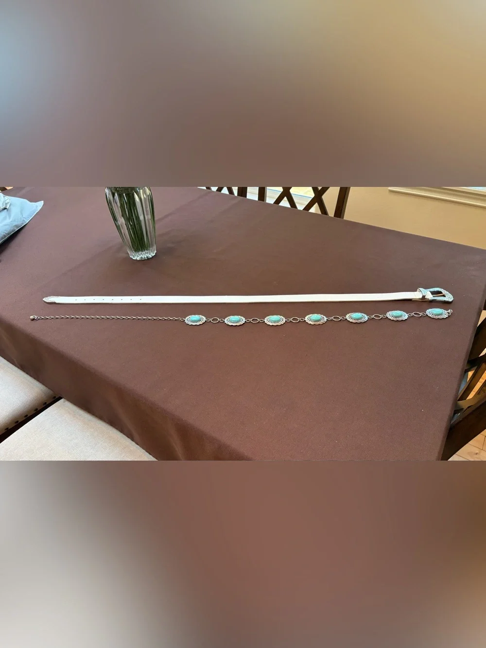 White Leather Western Belt with Turquoise Concho Chain Belt - Picture 4 of 6